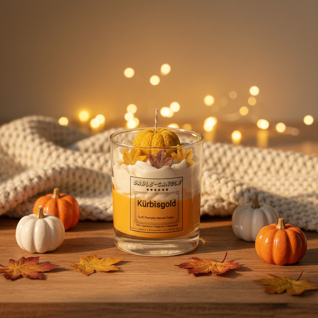 Kürbisgold Duftkerze mit Kürbis-Topping in gemütlicher herbstlicher Atmosphäre mit Zierkürbissen und Ahornblättern