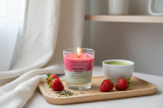 Lifestyle Produktbild brennende Strawberry Matcha Kerze