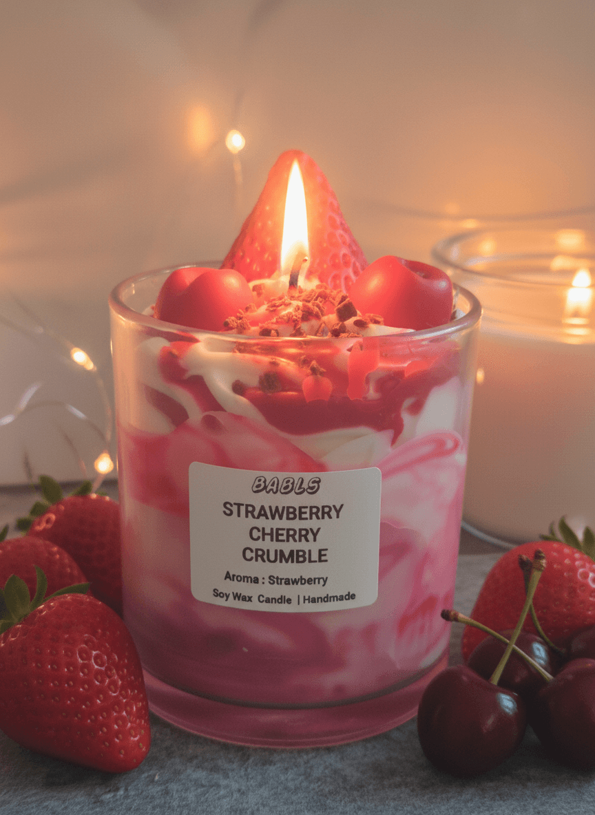 Strawberry Cherry Crumble Kerze brennend - gemütliche Atmosphäre mit Erdbeer Kirsch Duft