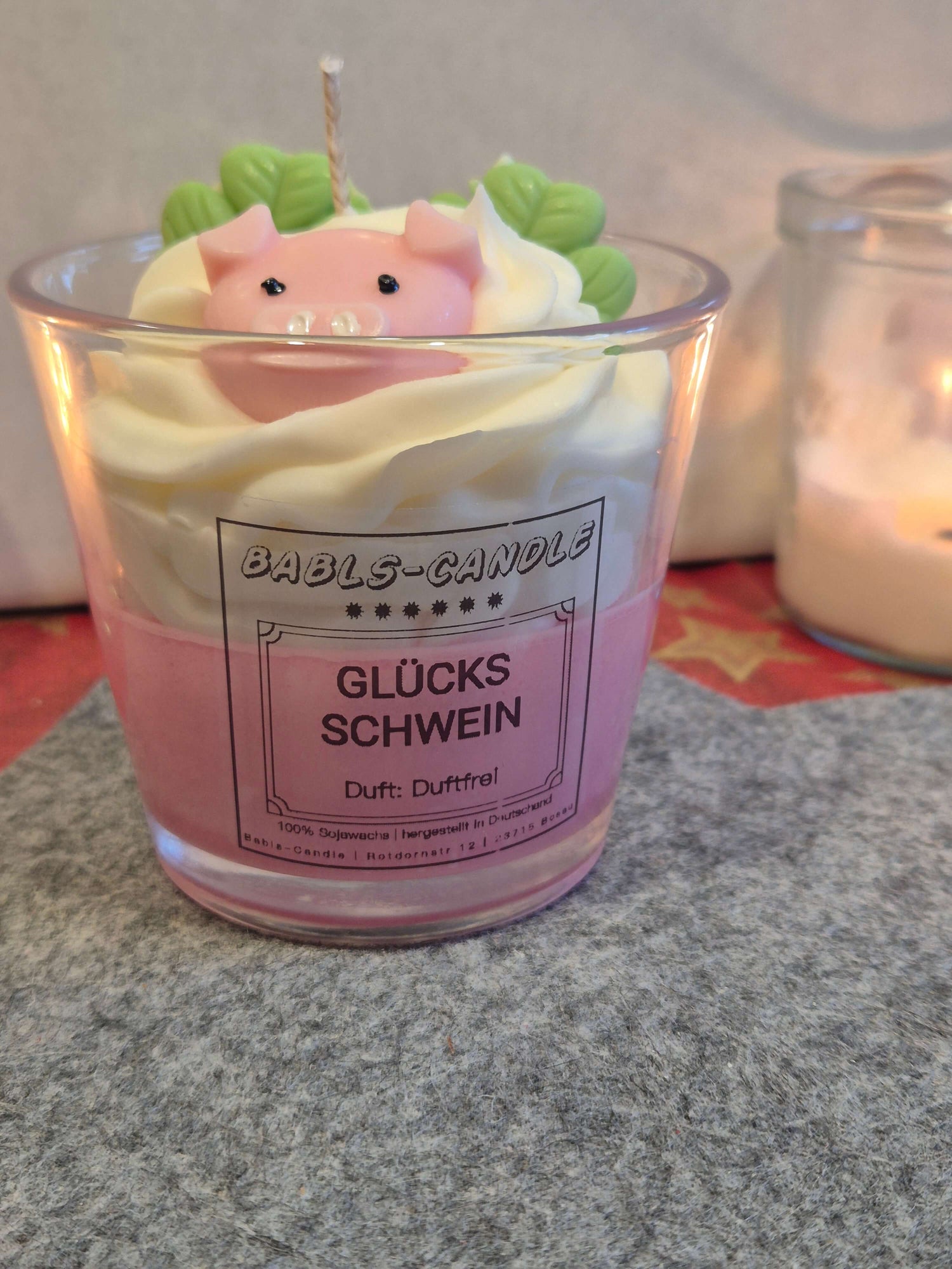 Glücksschwein Kerze aus Sojawachs duftfrei - handgemachter Glücksbringer Made in Germany
