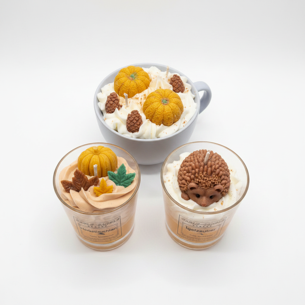 Herbst-Trio Kerzen Bundle – Herbstleuchten, Igelzauber & Herbstbecher Kürbis aus Sojawachs | Babls Candle