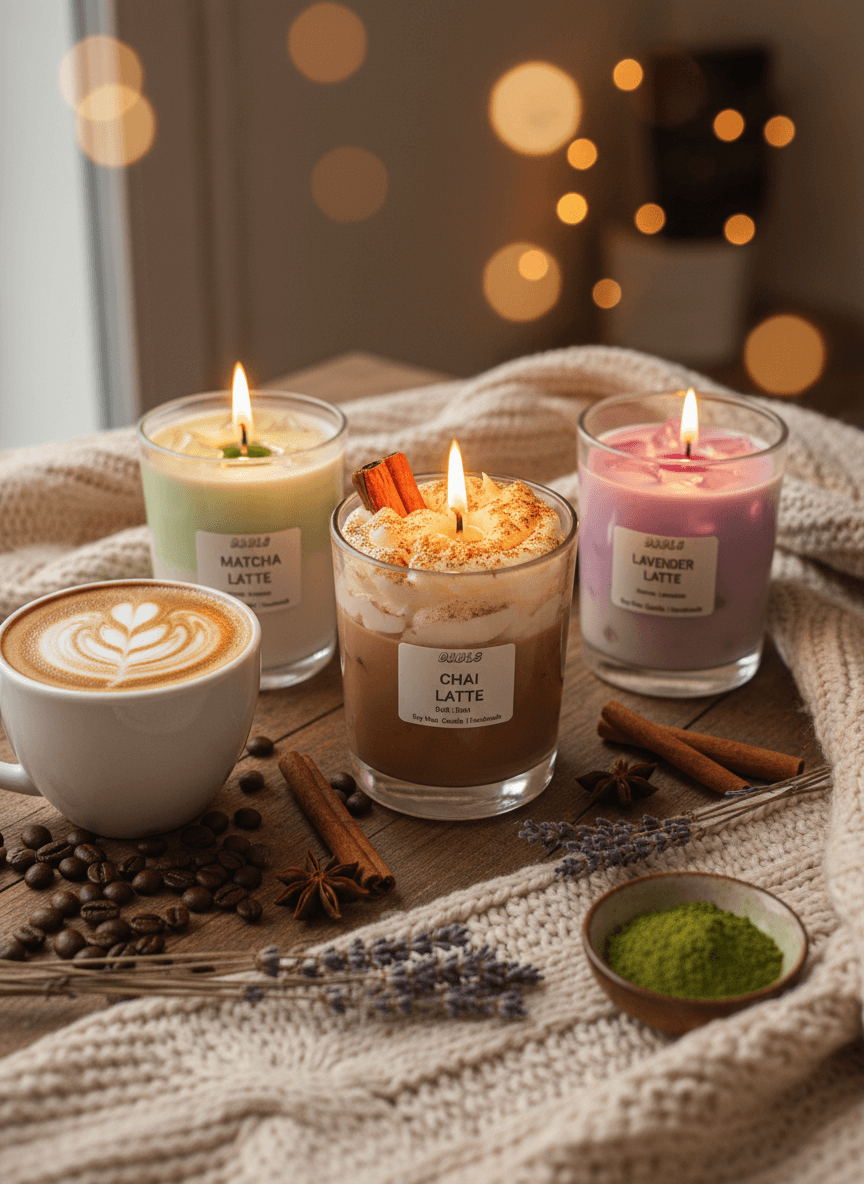 Latte Lovers 3er Set - Chai, Matcha & Lavender Latte Kerzen brennend, handgefertigt in Deutschland
