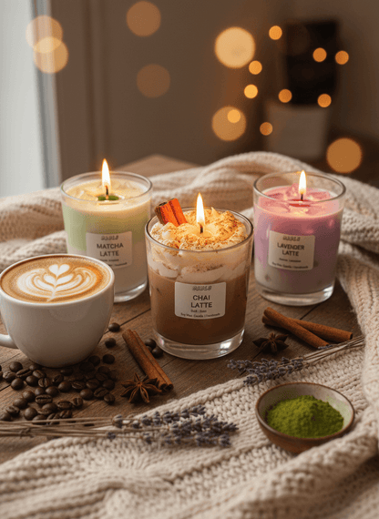 Latte Lovers 3er Set - Chai, Matcha & Lavender Latte Kerzen brennend, handgefertigt in Deutschland
