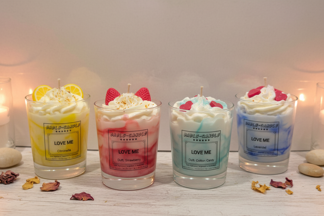 Love Me Duft-Set Bundle 4 Kerzen Citronella Strawberry Cotton Candy Lavendel Sojawachs