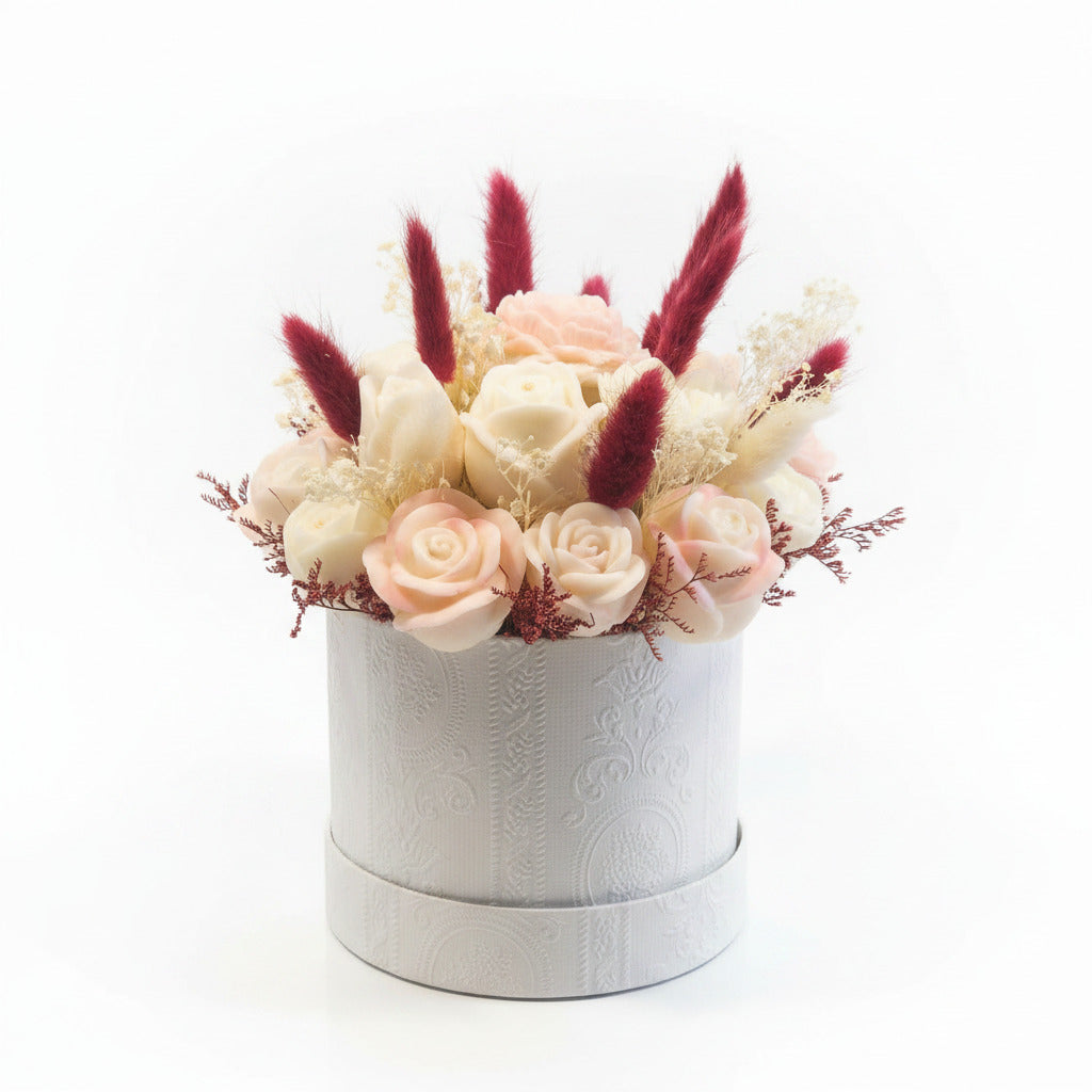 Blumenstrauß Rosa Vorderansicht – Sojawachs Kerze mit rosa Wachsrosen – Babls Candle
