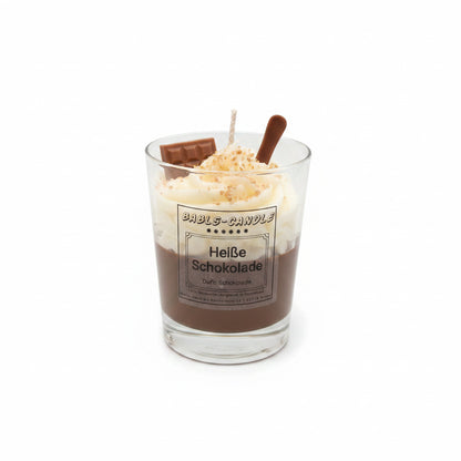 Heiße-Schokolade-Kerze aus Sojawachs von Babls-Candle mit dekorativem Schokoladen-Topping, Vorderansicht
